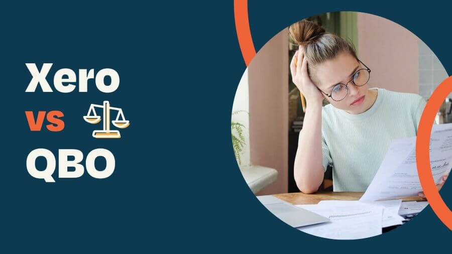 Xero vs QuickBooks Online comparison graphic with accountant reviewing documents